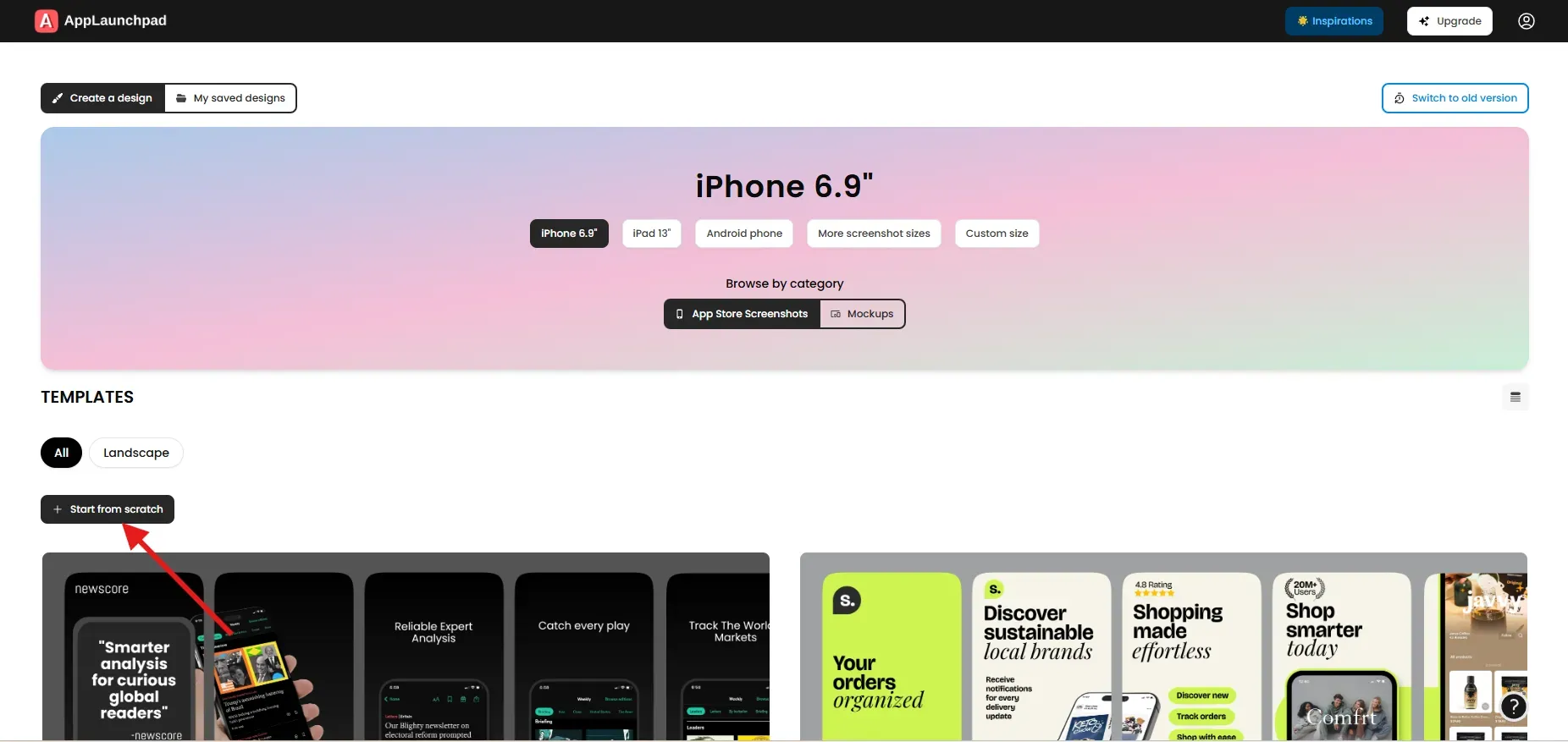 Click on start from scratch to create personalized app store screenshots