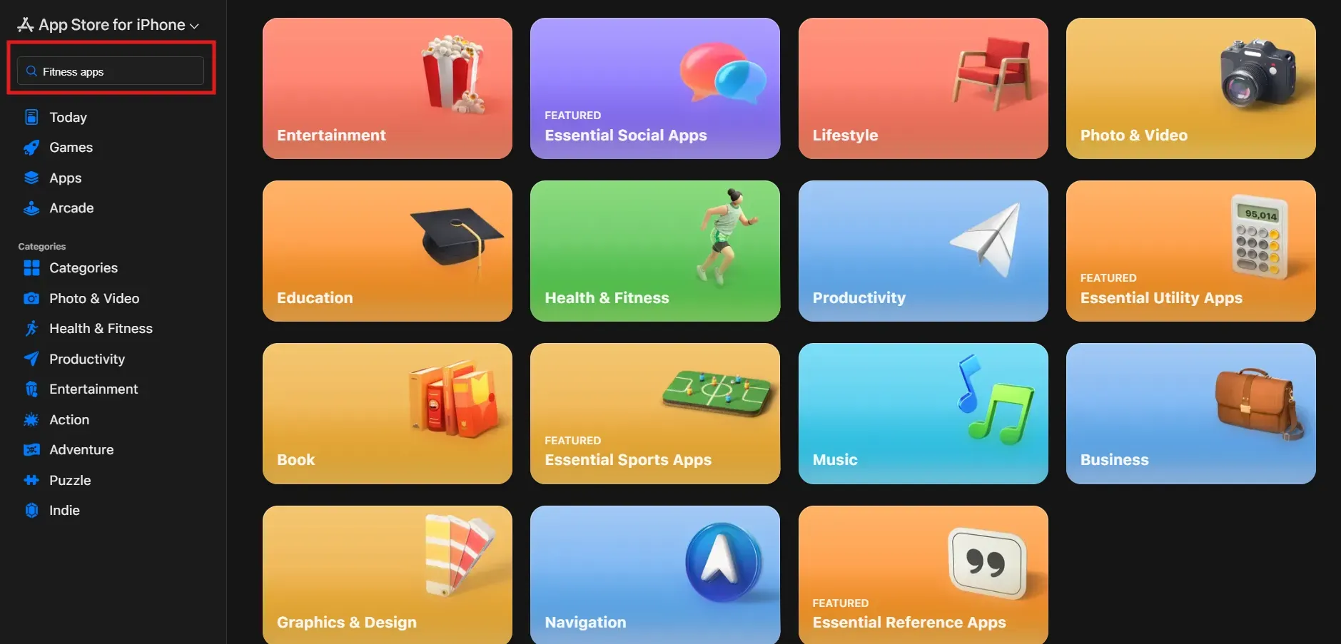 Apple App Store categories page showing different app categories like entertainment, lifestyle, education, productivity, and games