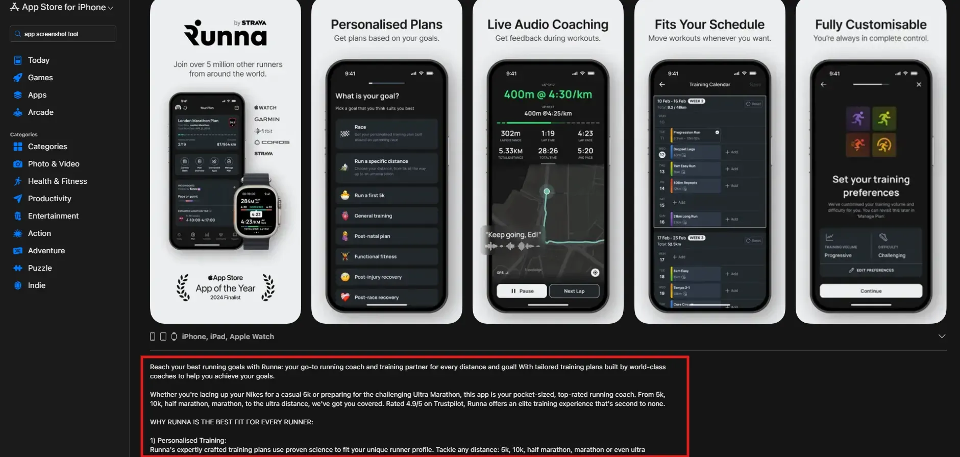 An App Store preview of an app with app details highlighted in a red box.