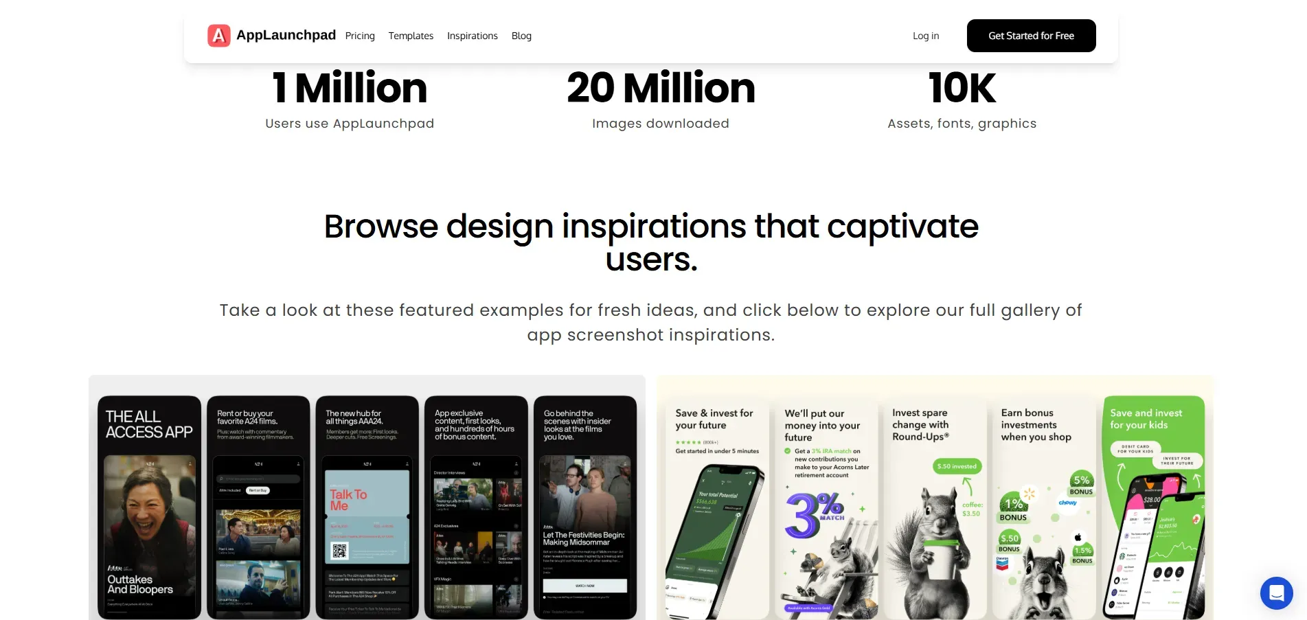 AppLaunchpad website page showing screenshot design inspirations and usage statistics.