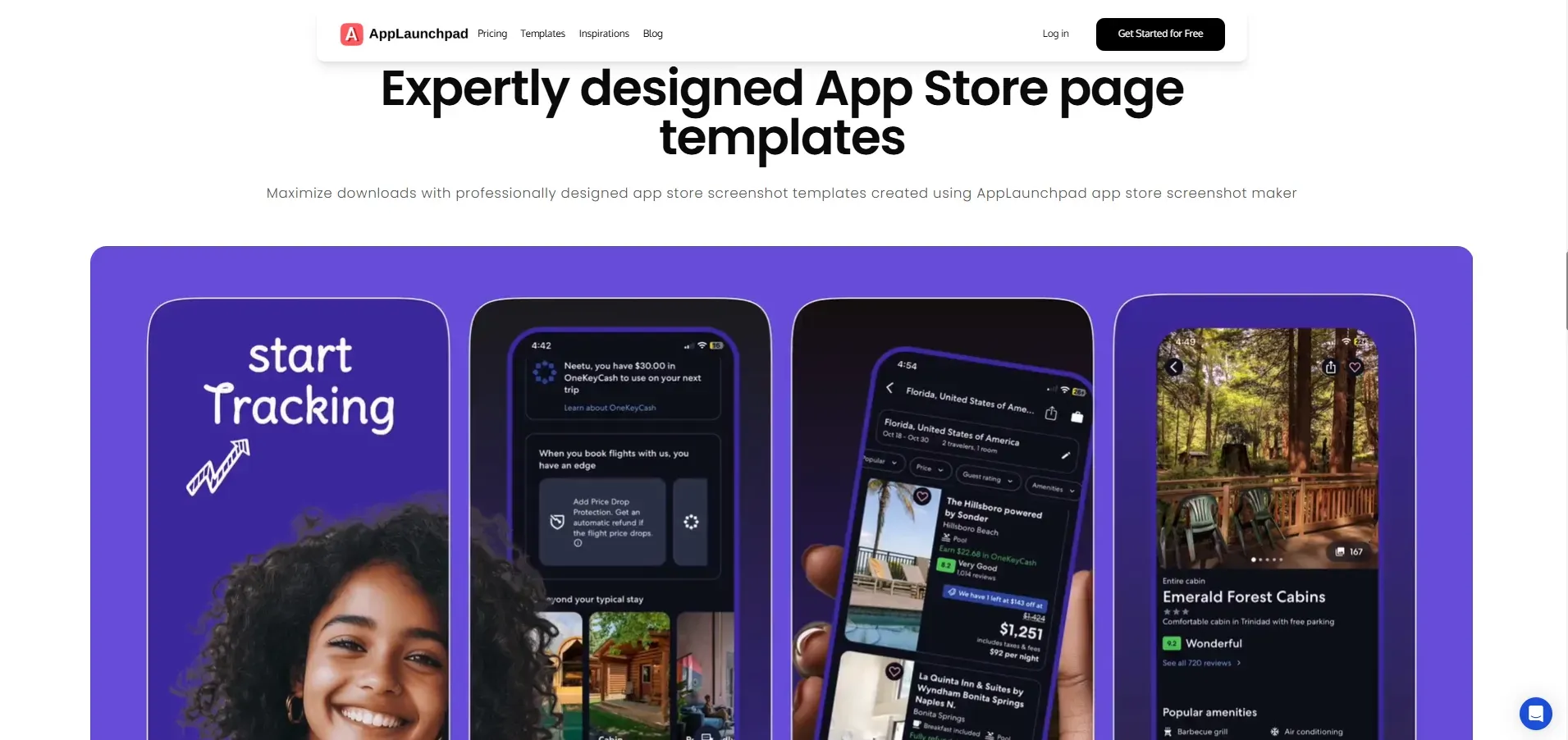 Landing page of AppLaunchpad screenshot generator tool with headline and call-to-action button.