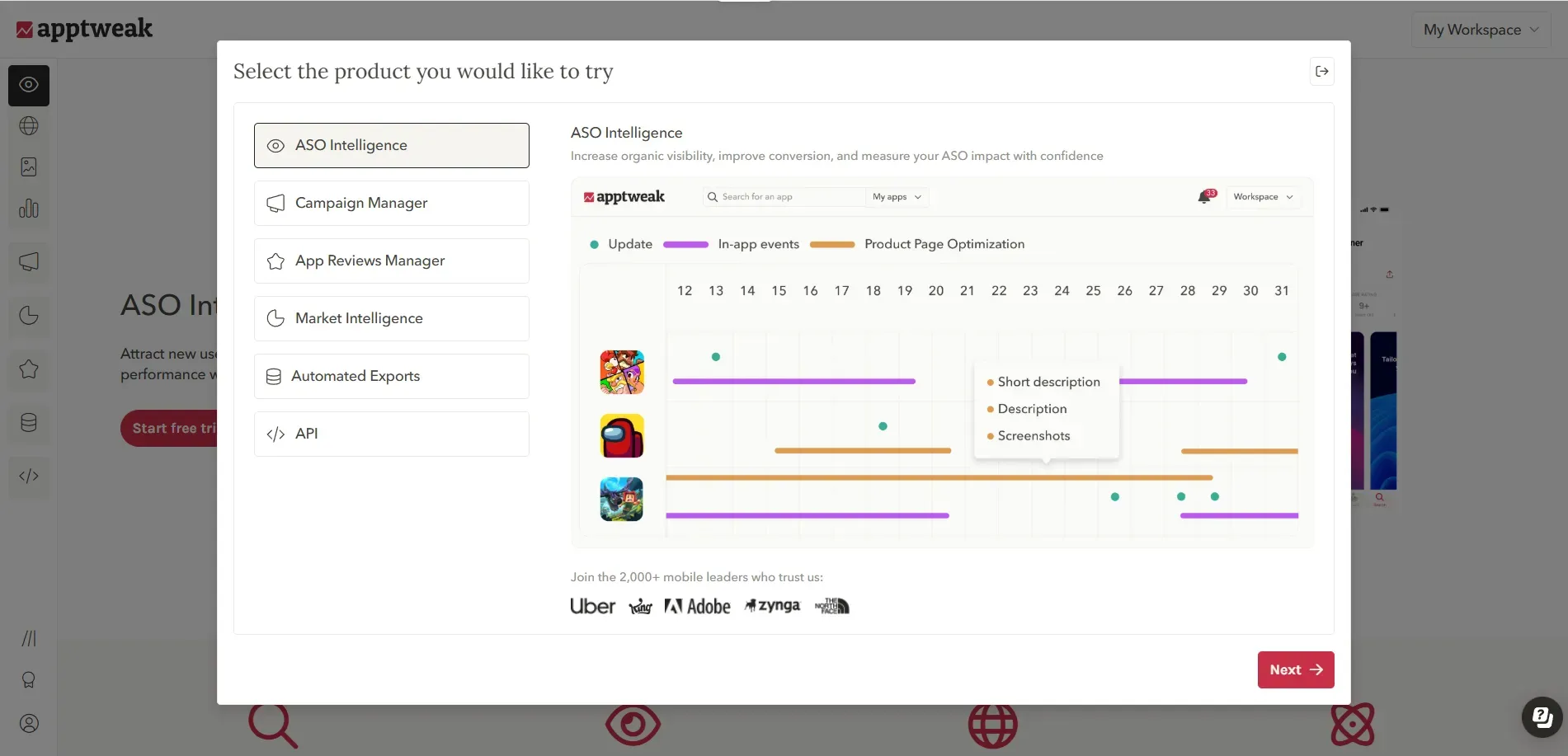 AppTweak’s onboarding page