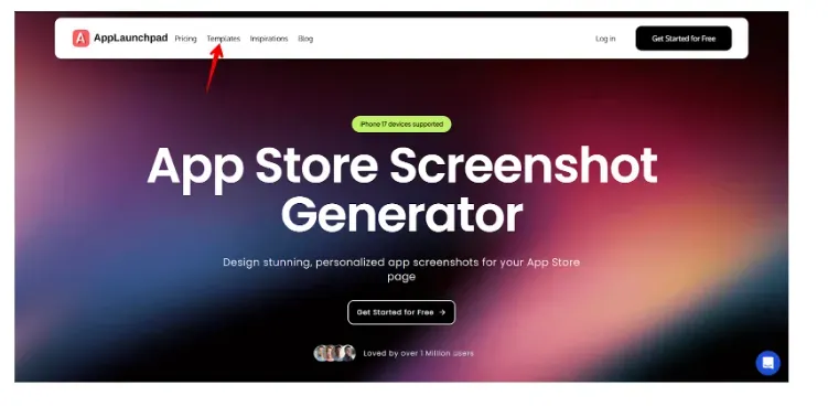 AppLaunchpad homepage showing the App Store Screenshot Generator and templates navigation menu.