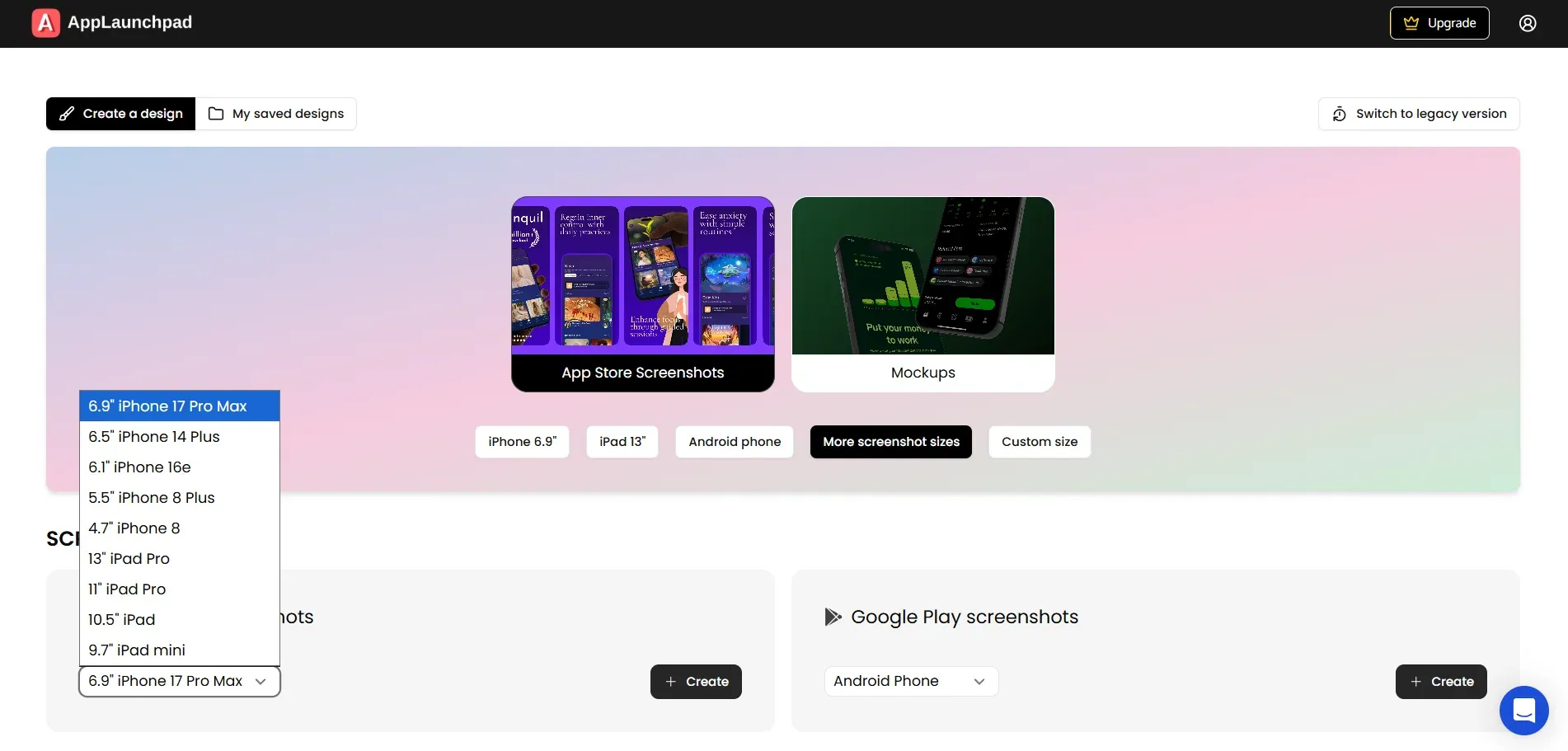 AppLaunchpad app store screenshot sizes