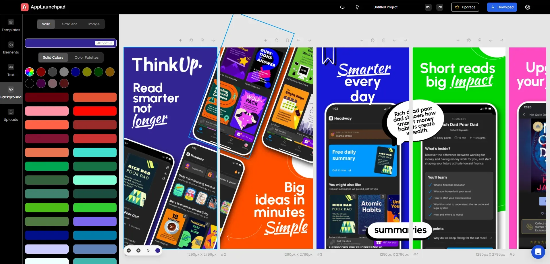 AppLaunchpad editor interface showing app store screenshot templates, device mockups, and design customization tools.