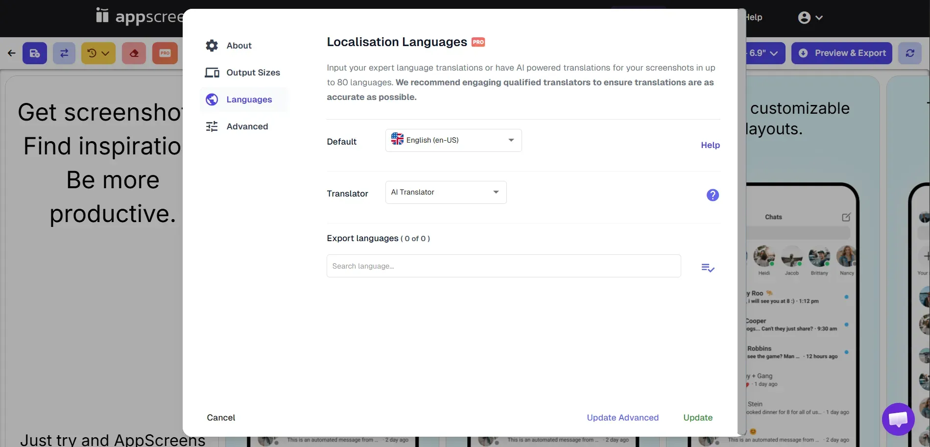 Localisation settings panel on Appscreens