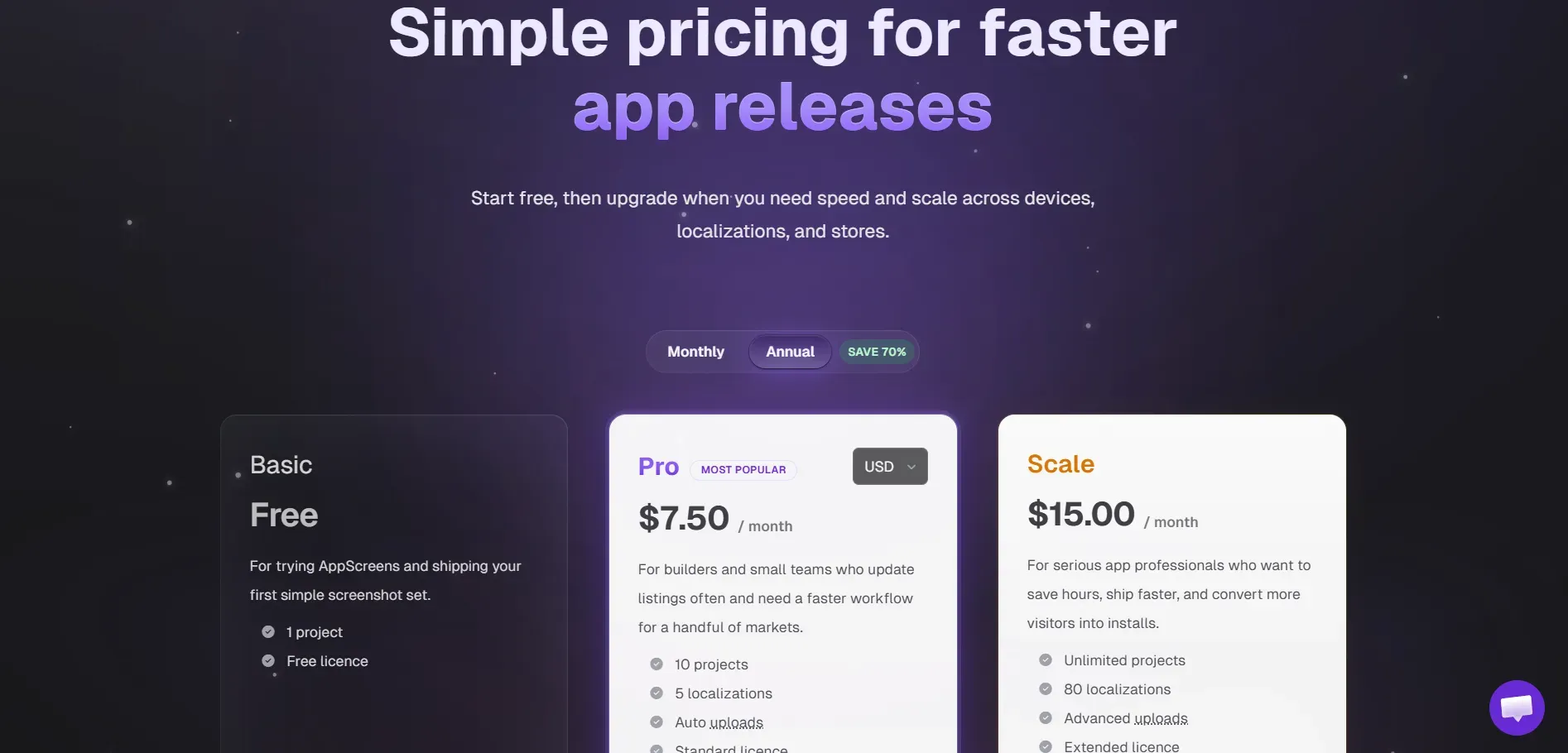 AppScreens pricing page with plan details