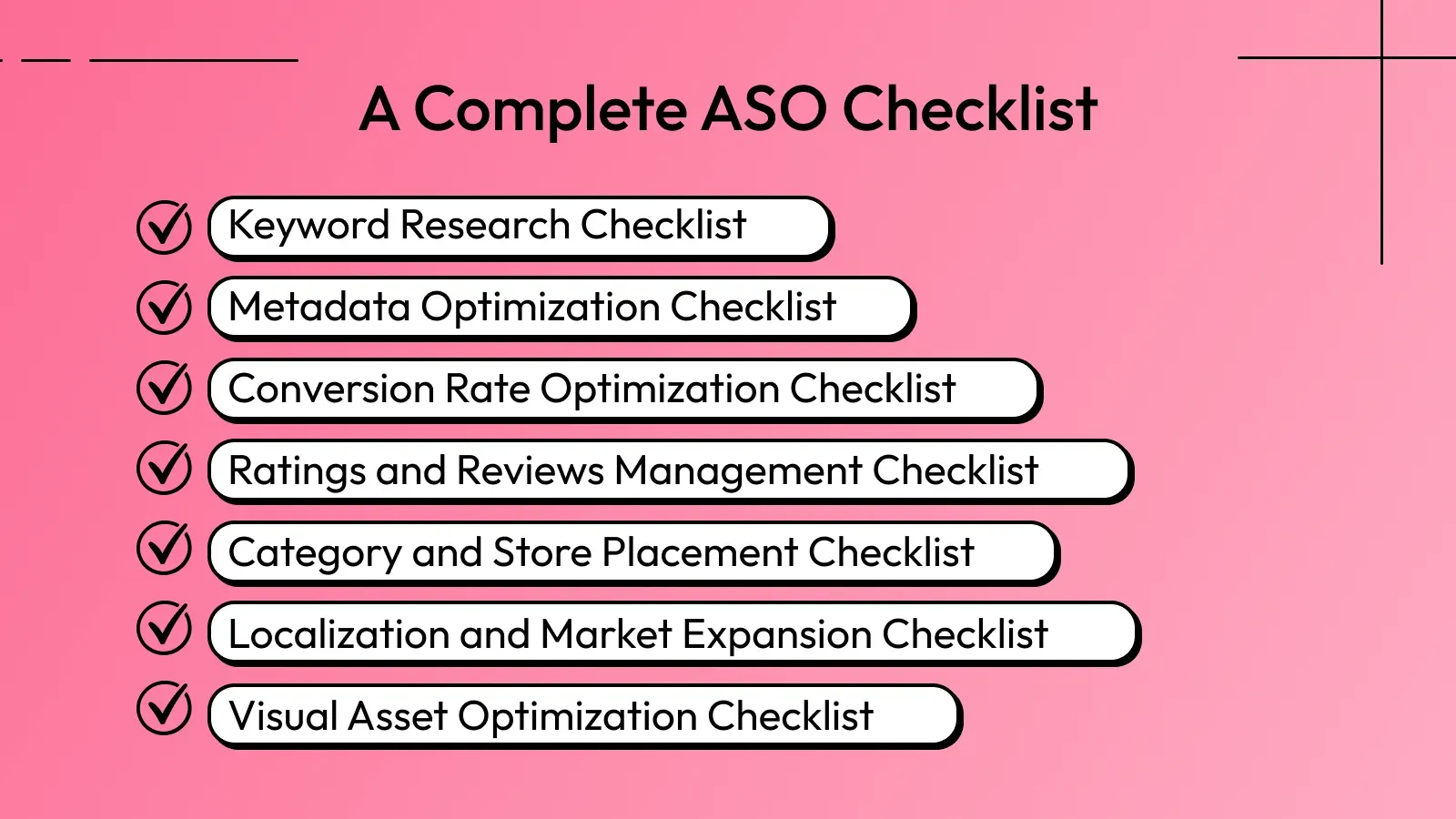 ASO checklist graphic showing key areas like keyword research, metadata, conversion optimization, reviews, localization, and visual assets.