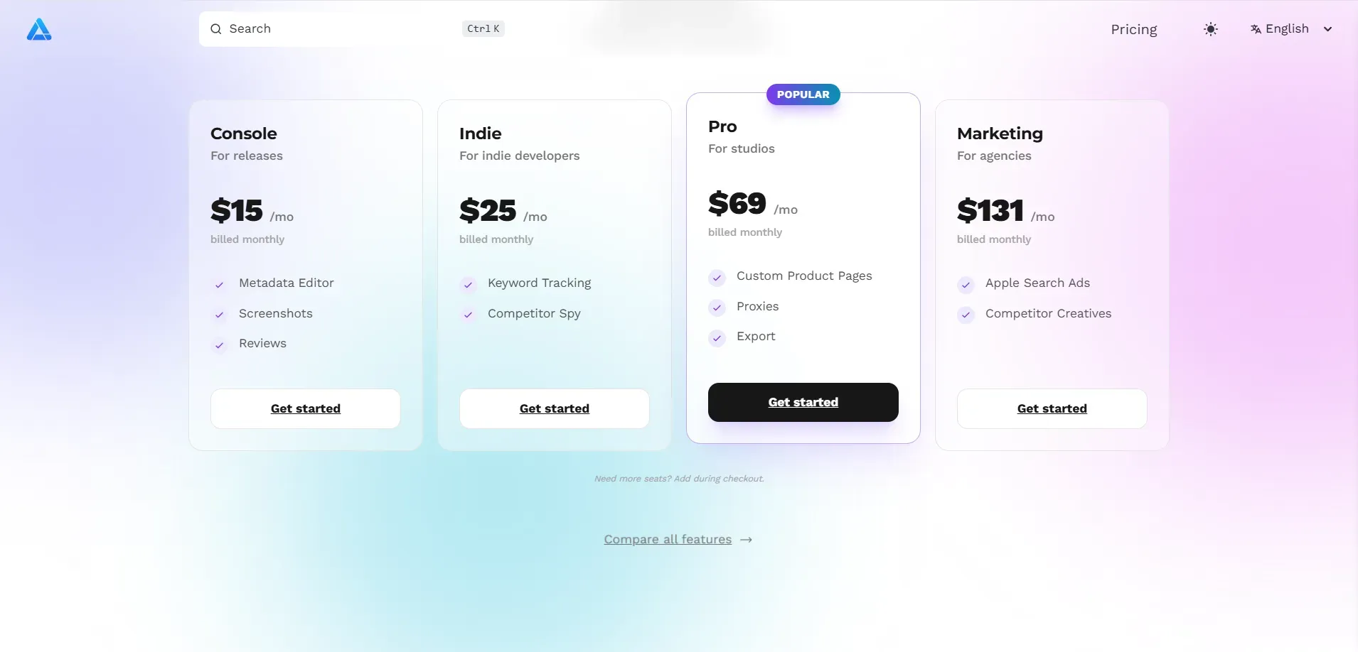 Aso.dev’s pricing page