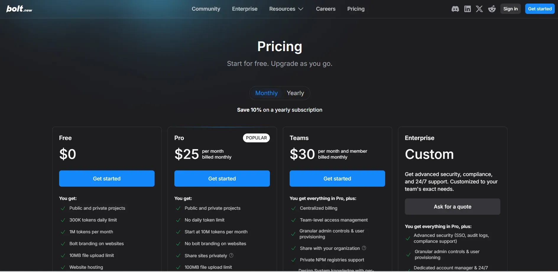 Bolt Pricing plans