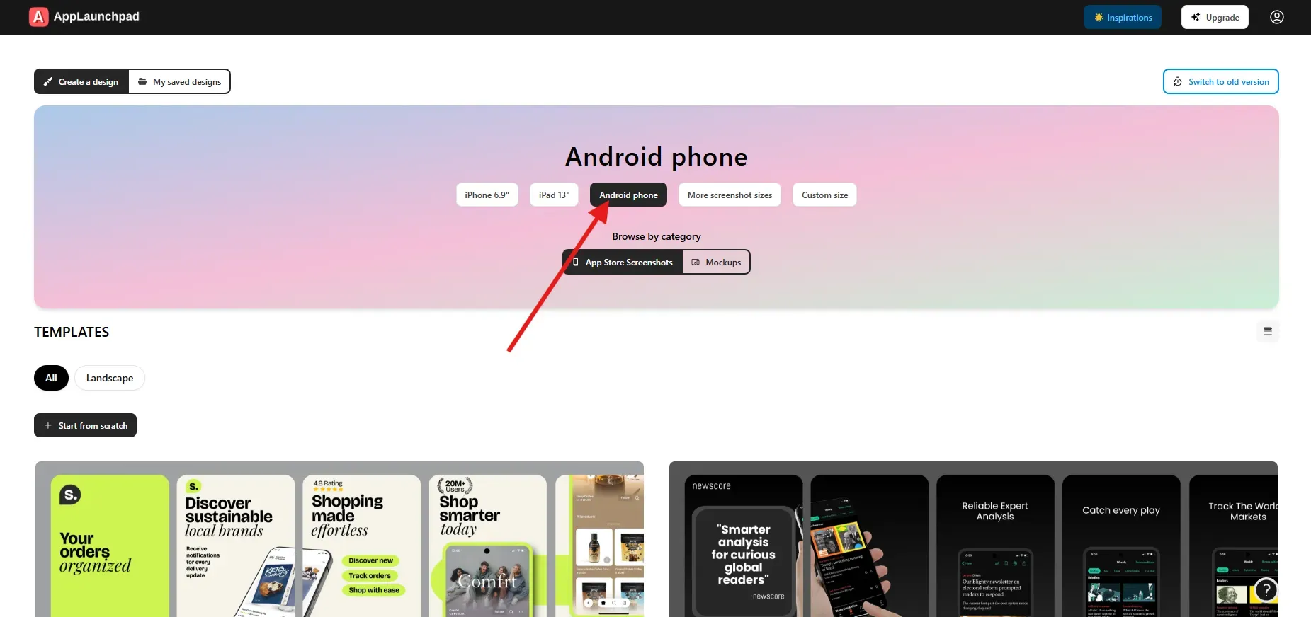 Click on android for play store screenshot templates