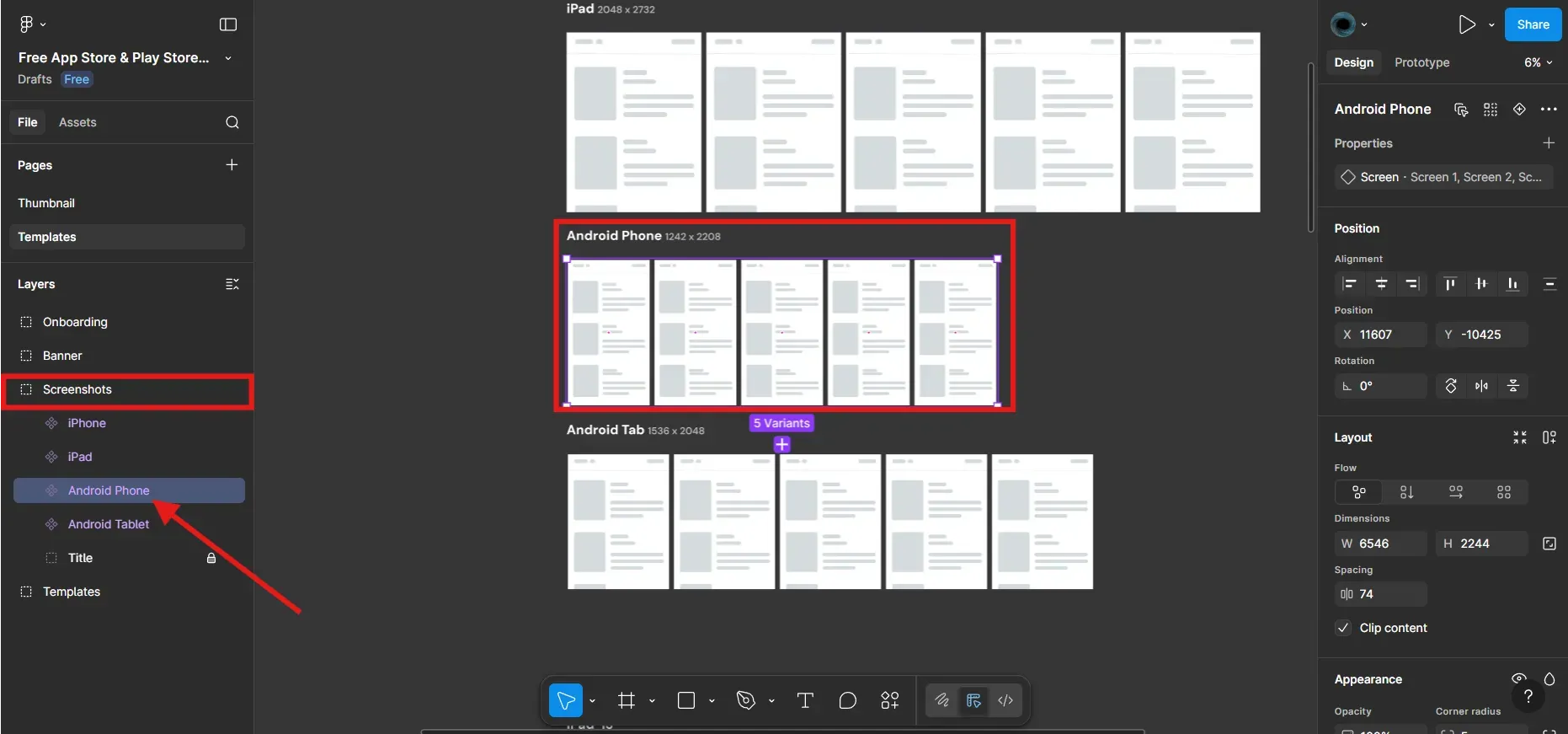 Click on android phone in figma