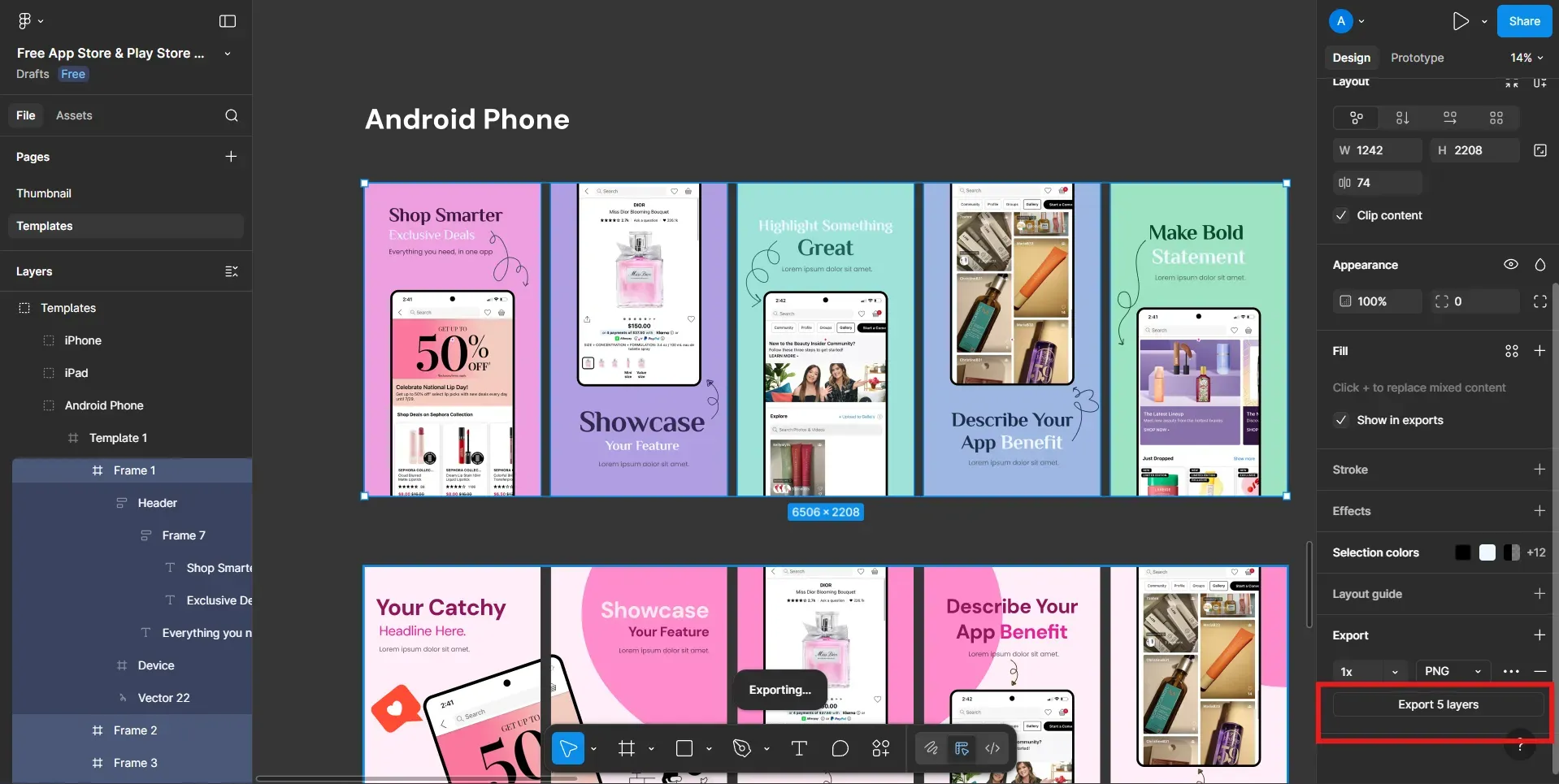 Click on export to download play store screenshots in figma