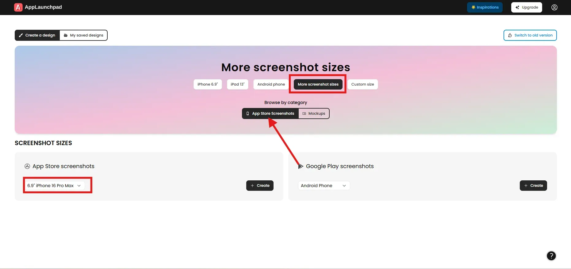 Click On More Screenshot Sizes For App Store Screenshots In AppLaunchpad