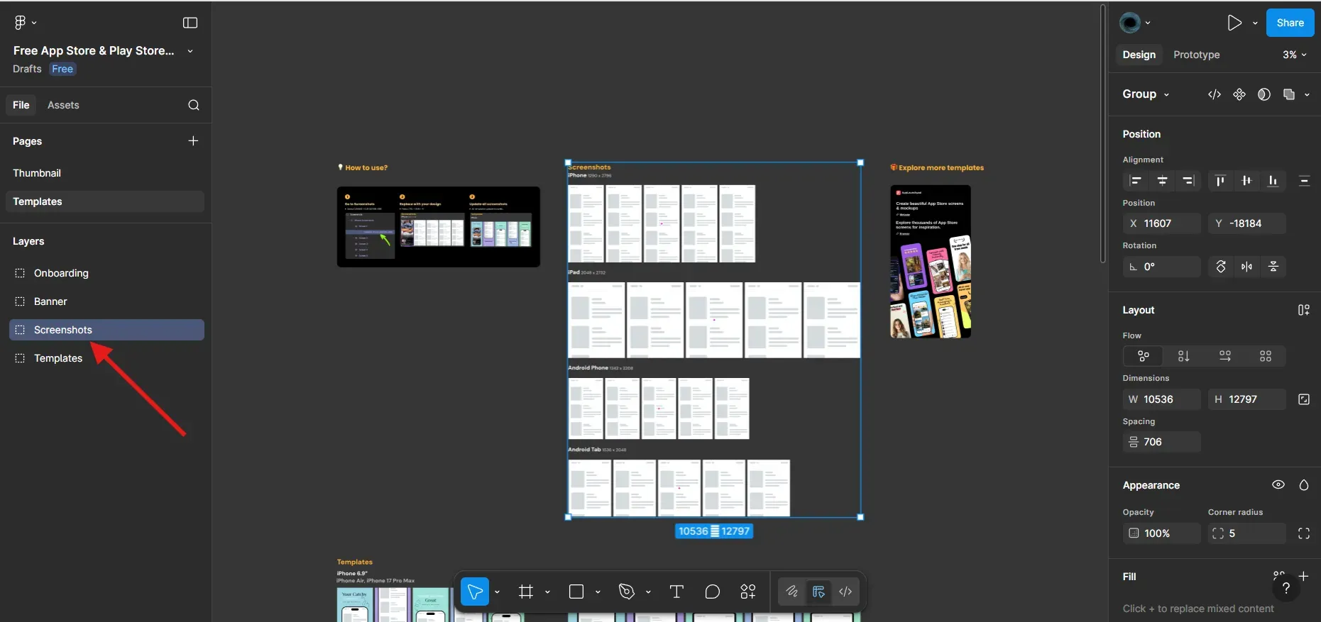 Click on screenshots layer in figma