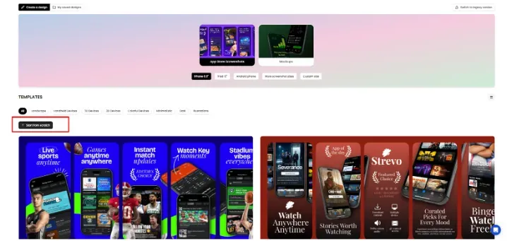 AppLaunchpad templates library showing app store screenshot templates with category filters.