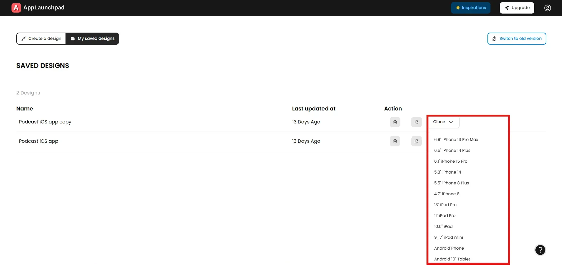 Screenshots cloning on AppLaunchpad
