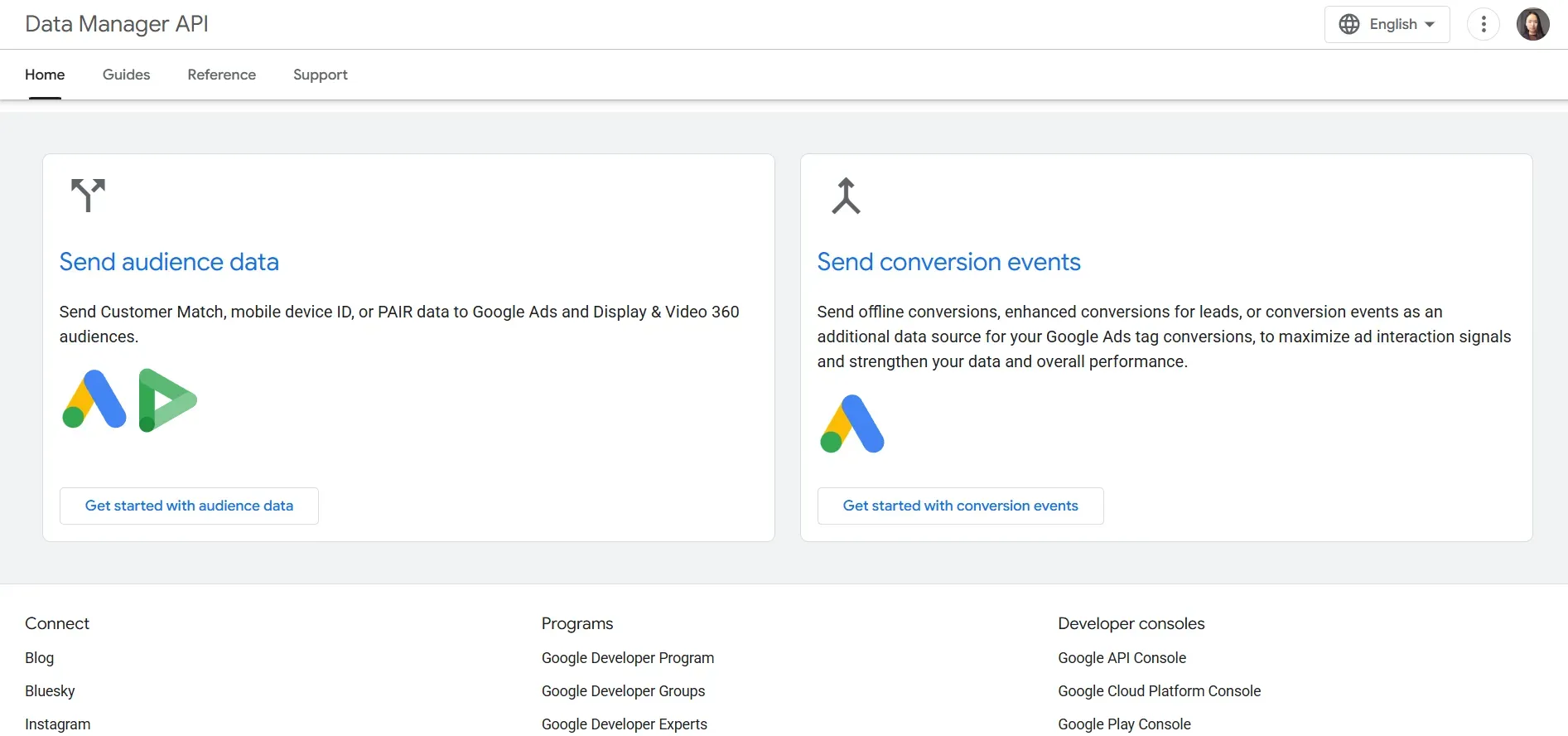 Google Data Manager API dashboard showing options to send audience data and conversion events to Google Ads.