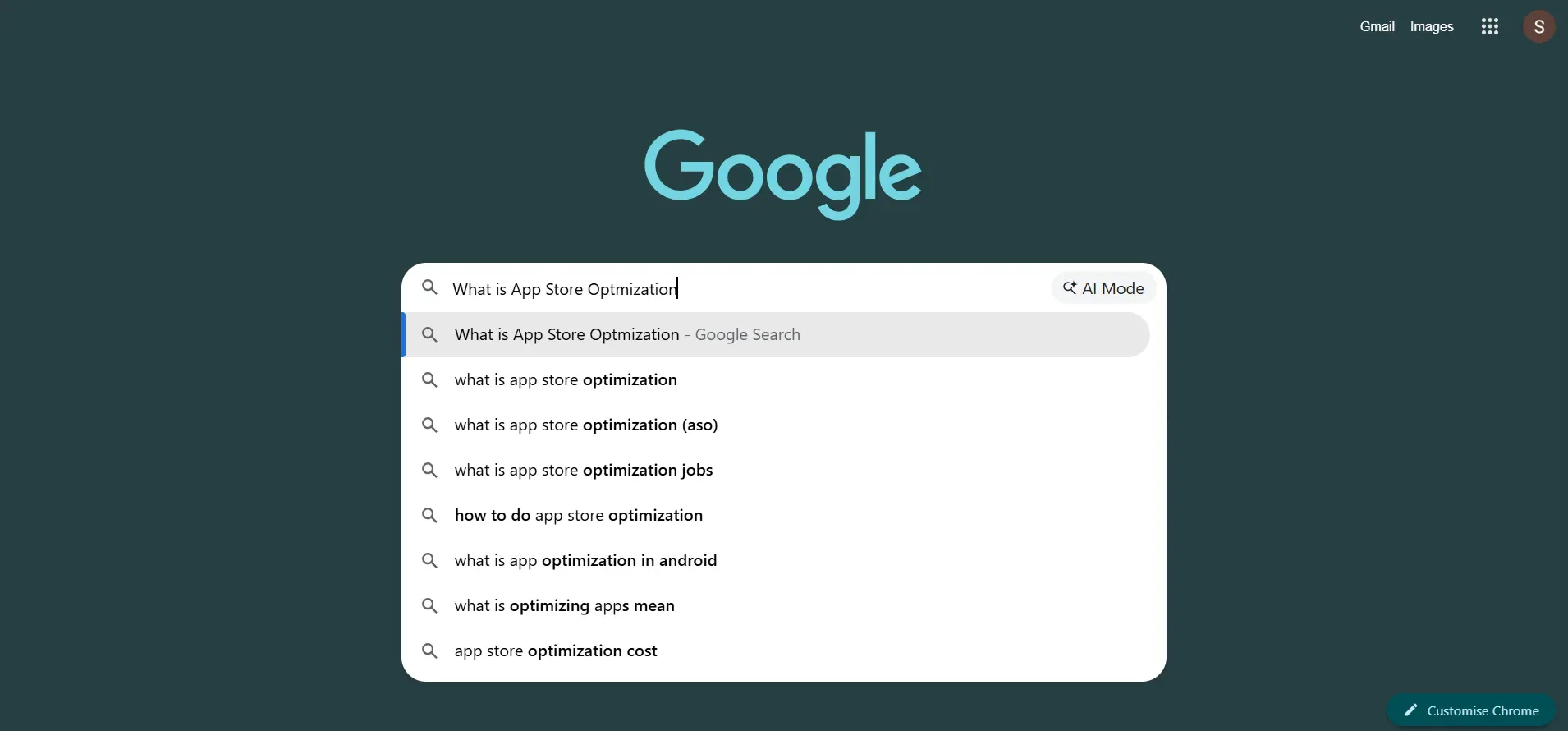 Google search page showing the query “What is App Store Optimization” with autocomplete suggestions related to ASO.