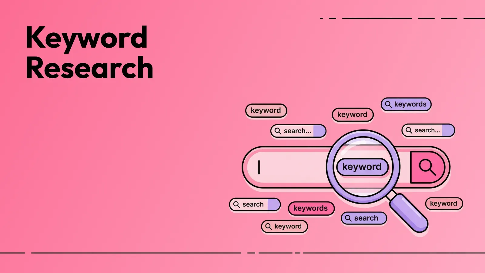 Keyword research illustration showing a search bar and magnifying glass highlighting keywords.