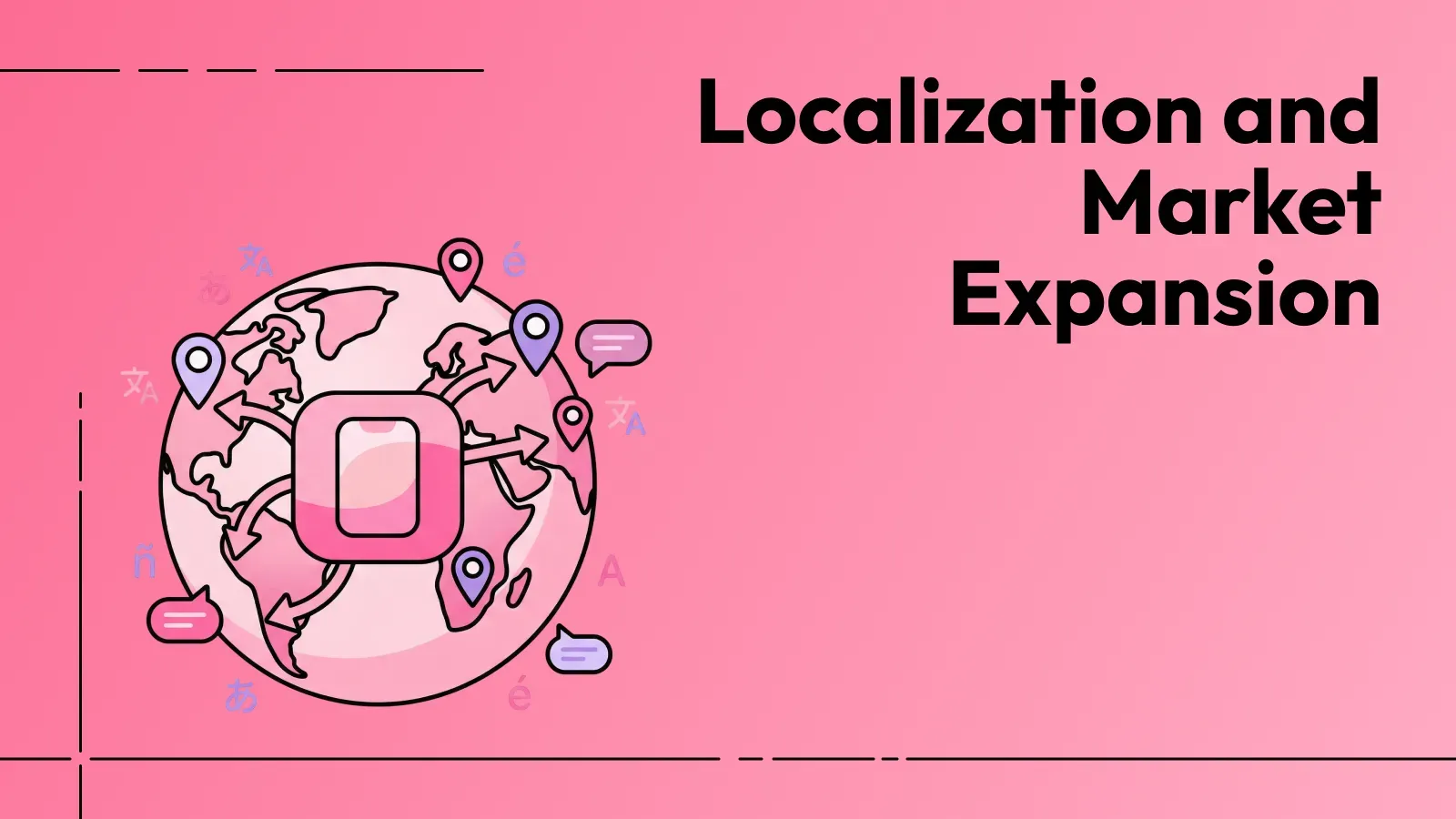 Localization and market expansion illustration showing a global map with language symbols and app distribution.