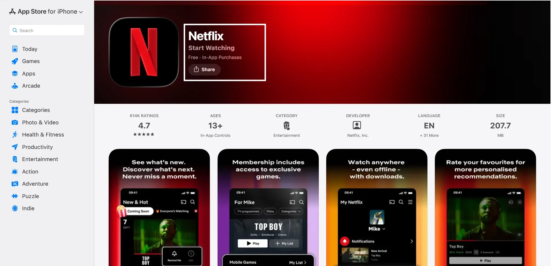 Netflix App title and subtitle on the App Store