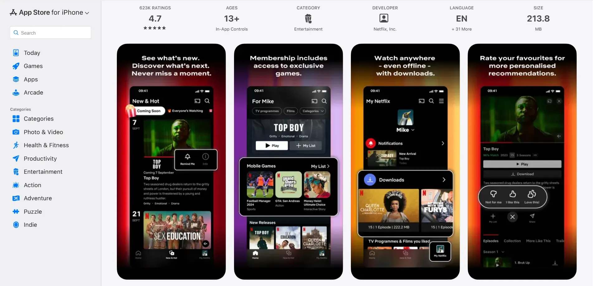 Netflix App Screenshots on the App Store