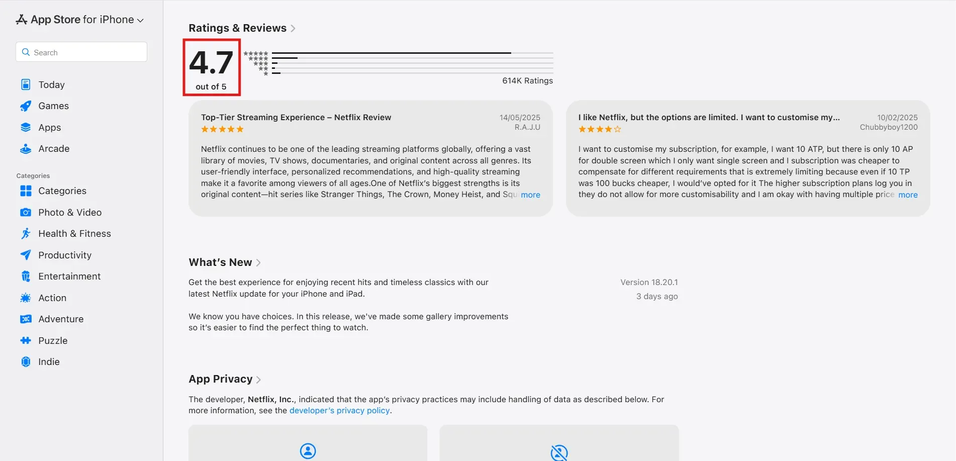 Netflix app rating on the App Store