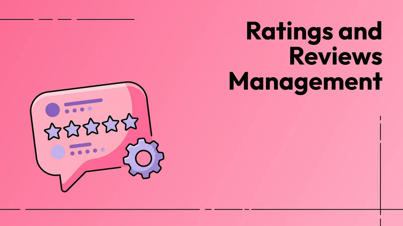 Ratings and reviews management illustration showing a review bubble with star ratings and a settings icon.