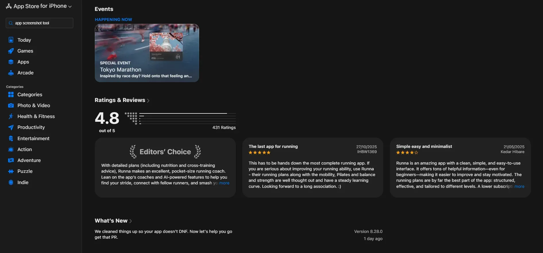 Apple App Store page showing an app listing with ratings, editor’s choice badge, user reviews, and event highlights.