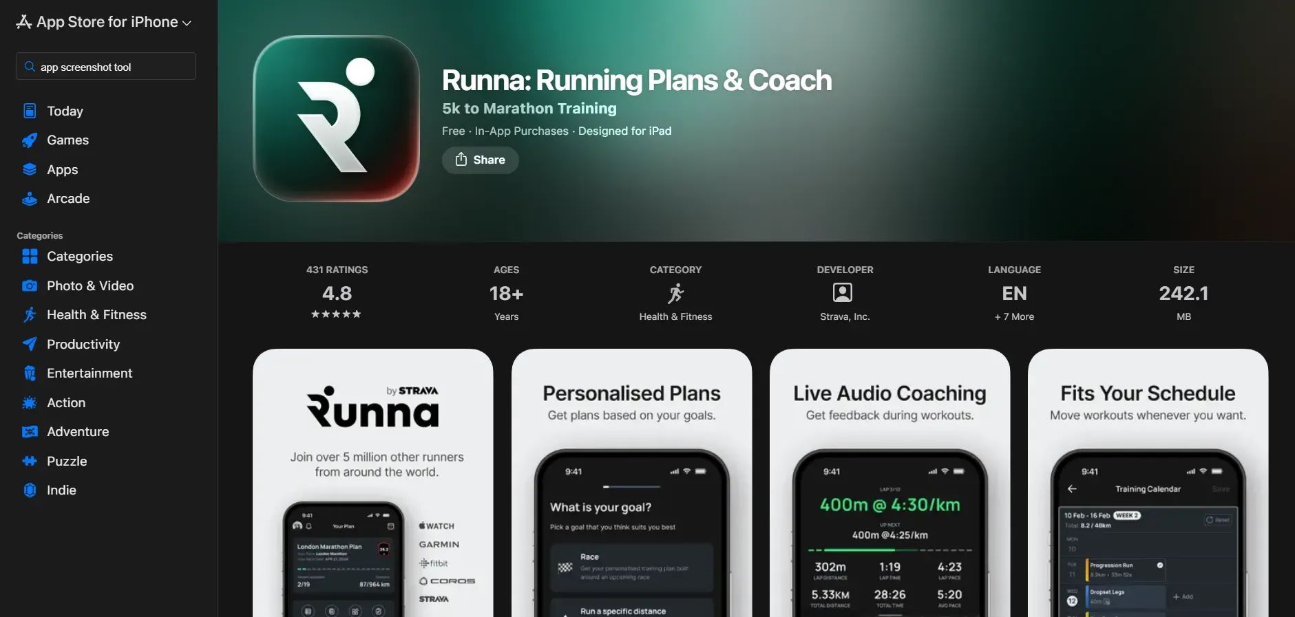 An overview of an app named Runna displaying app details.