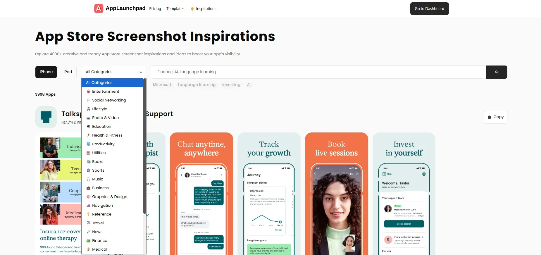 Screenshot inspiration gallery at AppLaunchpad