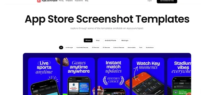 App store screenshot template showing sports app screens with feature highlights.