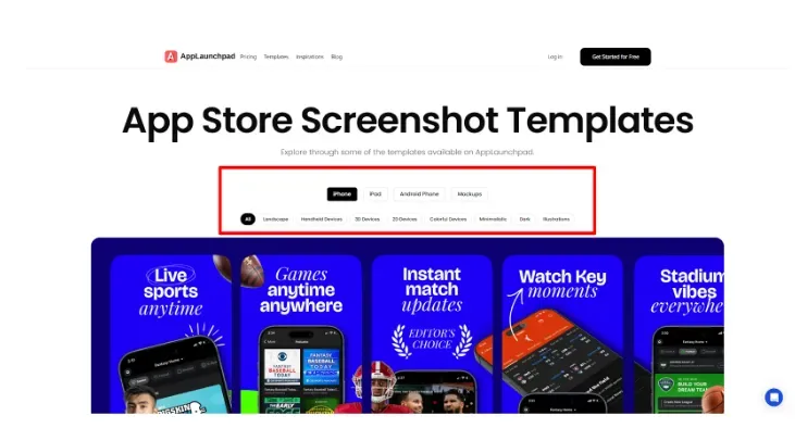 AppLaunchpad templates page showing App Store screenshot templates with device and style filters.