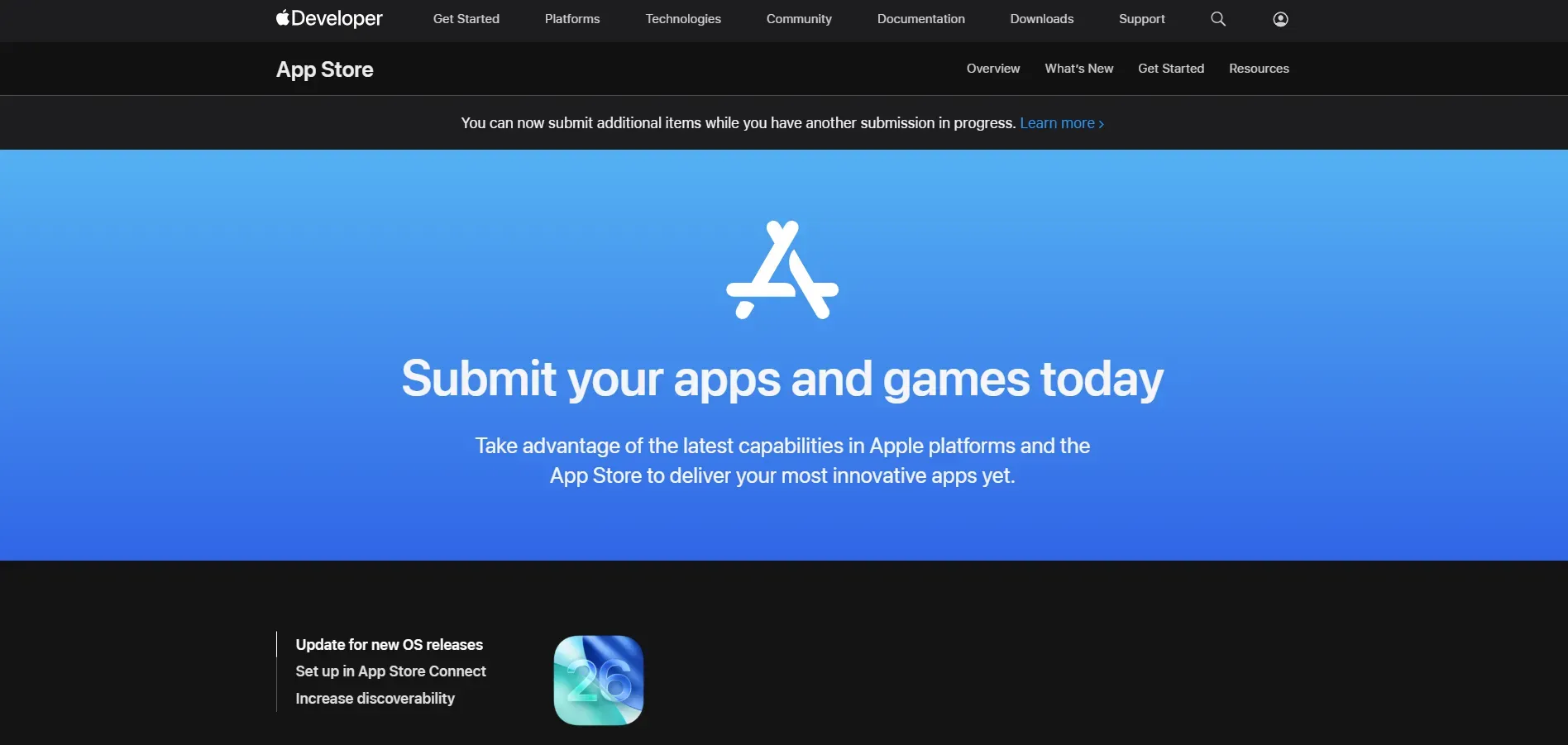Apple Developer App Store page showing the “Submit your apps and games today” banner for publishing apps on the App Store.