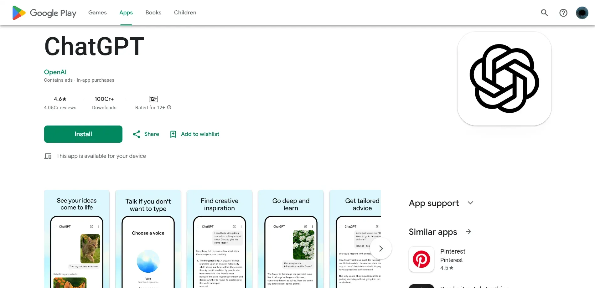 ChatGPT’s App screenshots on Google Play Store