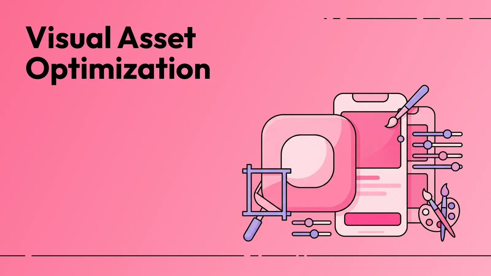 Visual asset optimization illustration showing app icon design and screenshot editing tools.