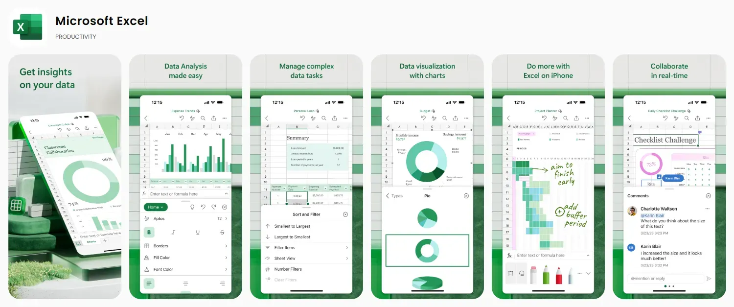 Microsoft Excel app store screenshots