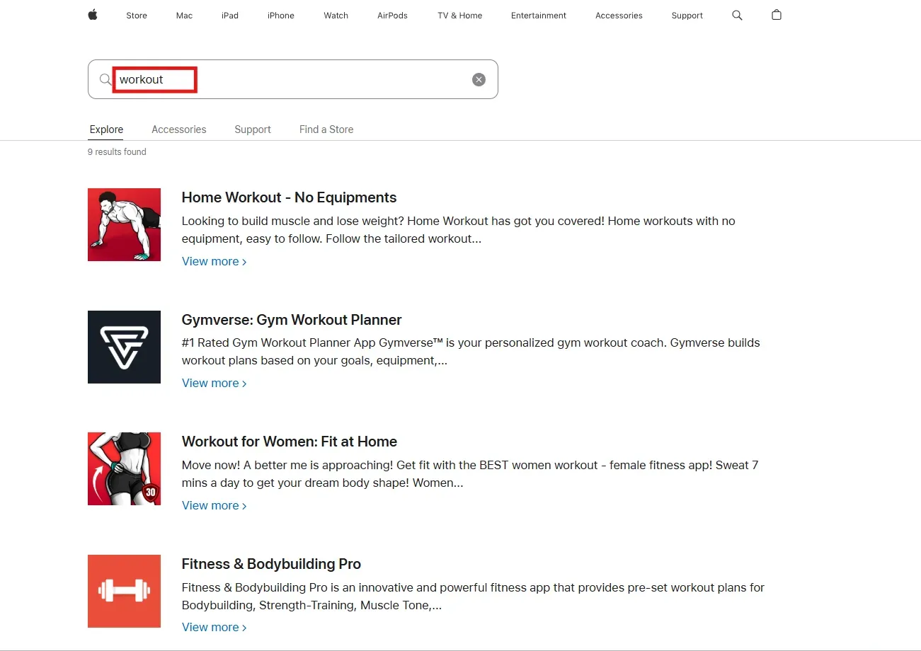 Workout app search on App Store