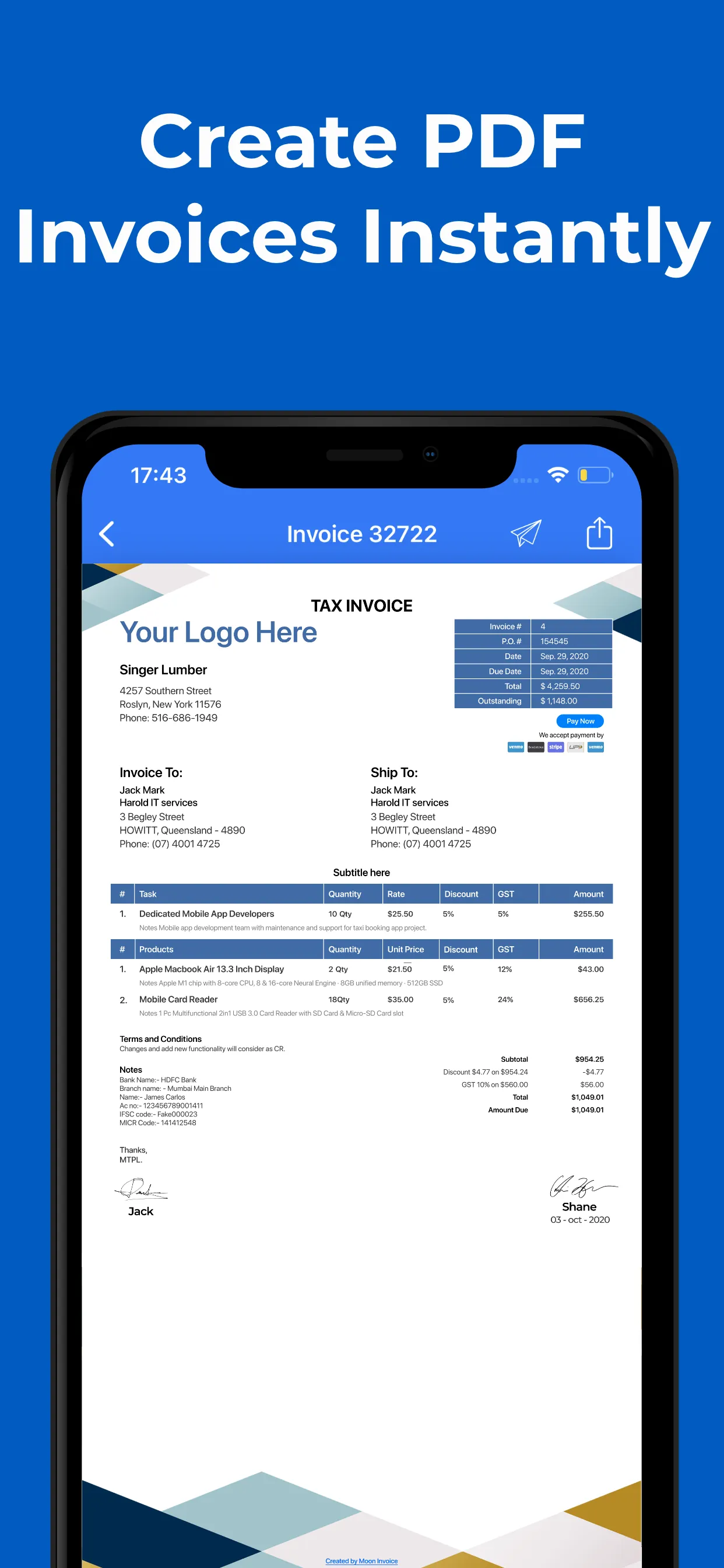 Easy Invoice Maker App by Moon iphone screenshot 2