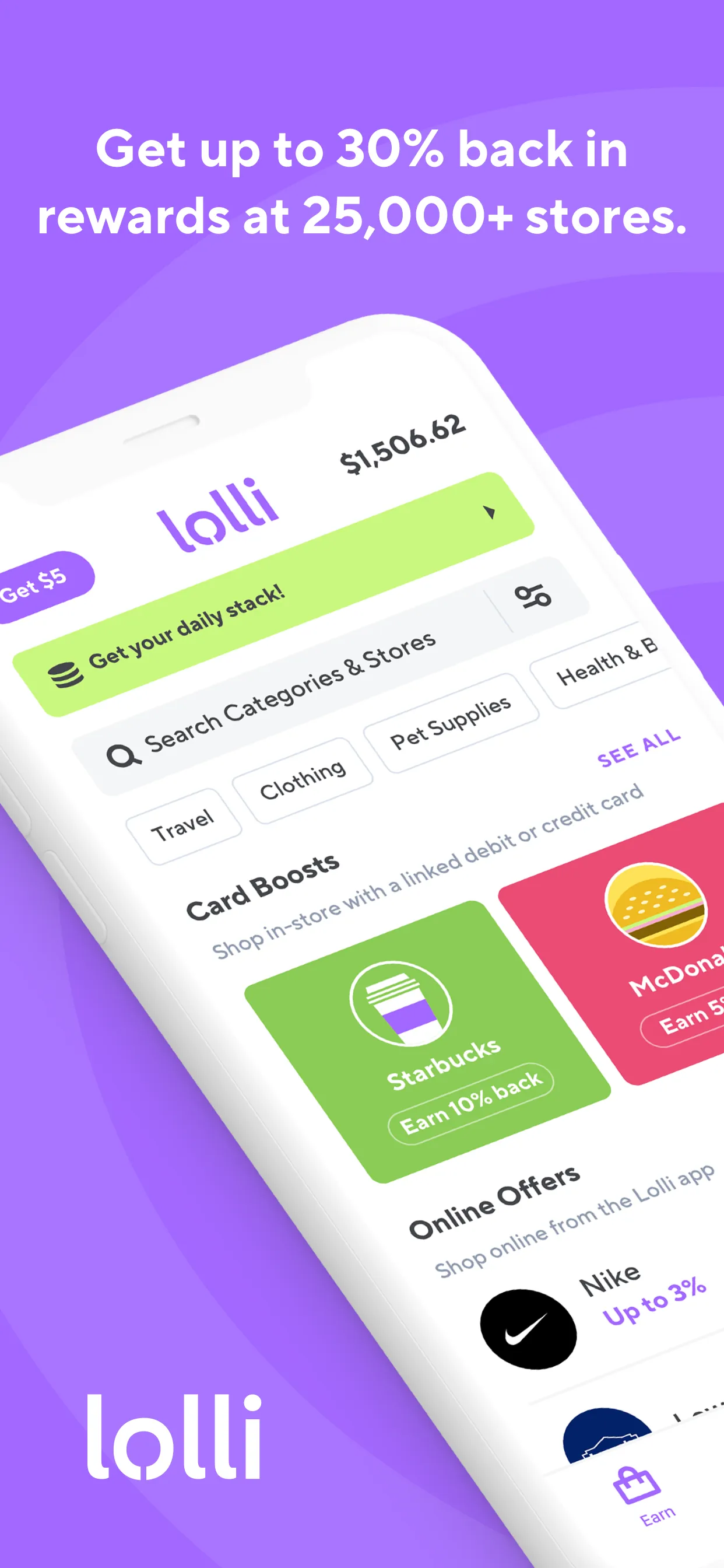 Lolli: Earn Cashback & Bitcoin iphone screenshot 1