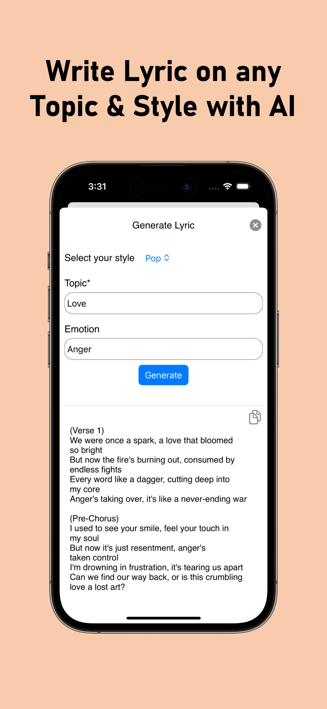 AI Lyric Generator Song Writer iphone screenshot 1