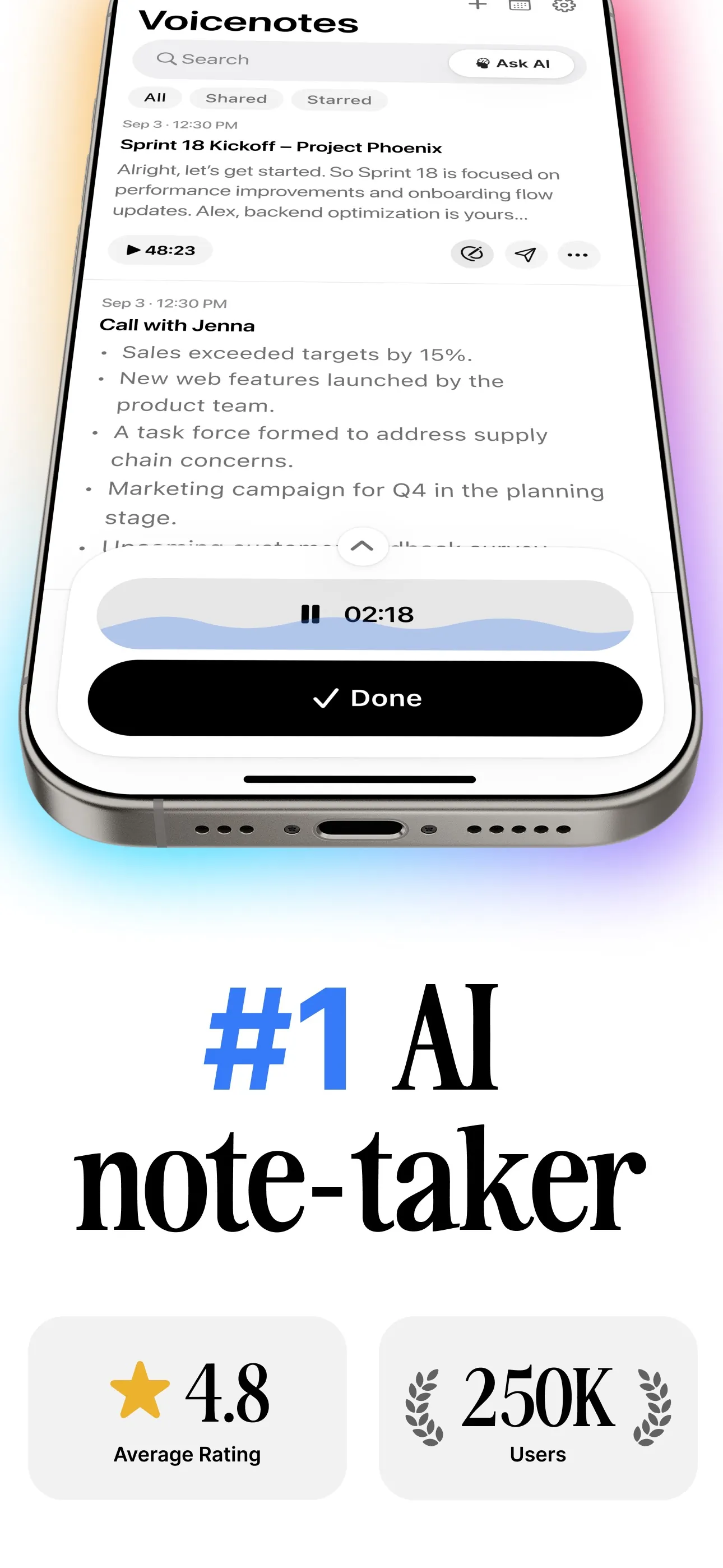 Voicenotes AI Notes & Meetings iphone screenshot 1
